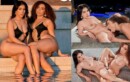 Lesbianismo sincronizado nocturno al pie de la piscina con Valentina y Willow